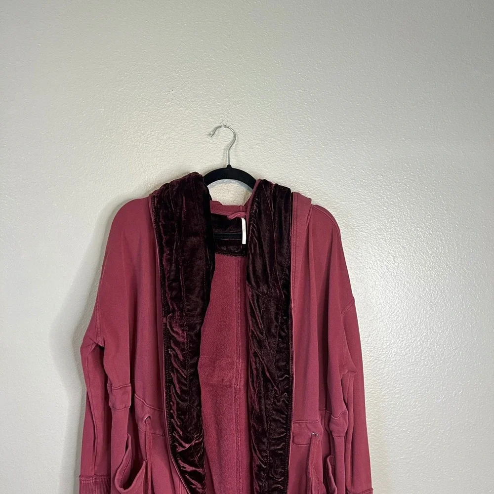 Free People Westwood Cardigan Size S Burgundy Velvet Trim Cloak Hood Dark Berry